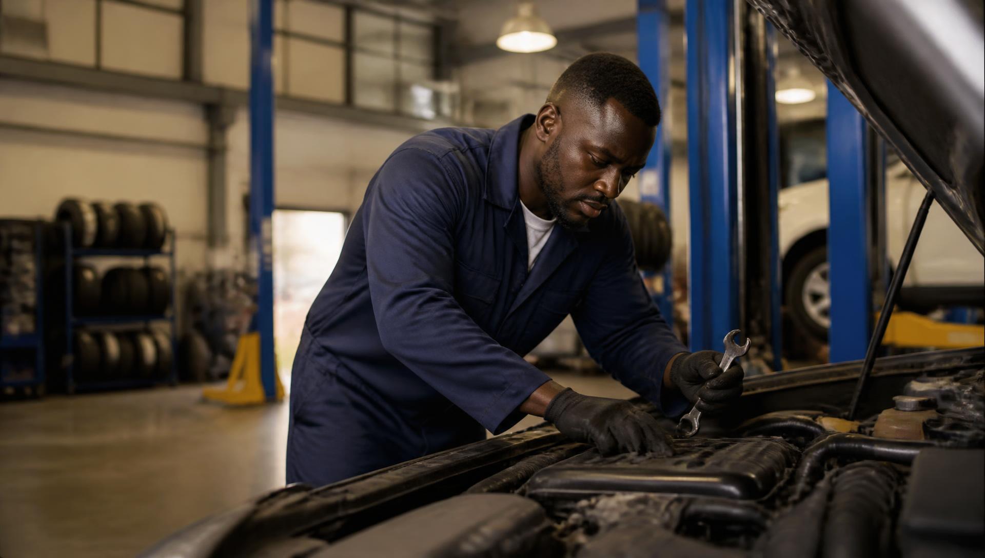 Mechanic servicing a car engine in a workshop