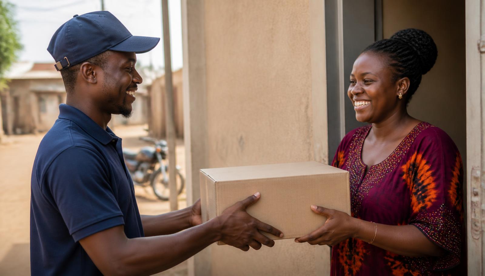 A delivery courier handing a parcel to a smiling customer at her door
